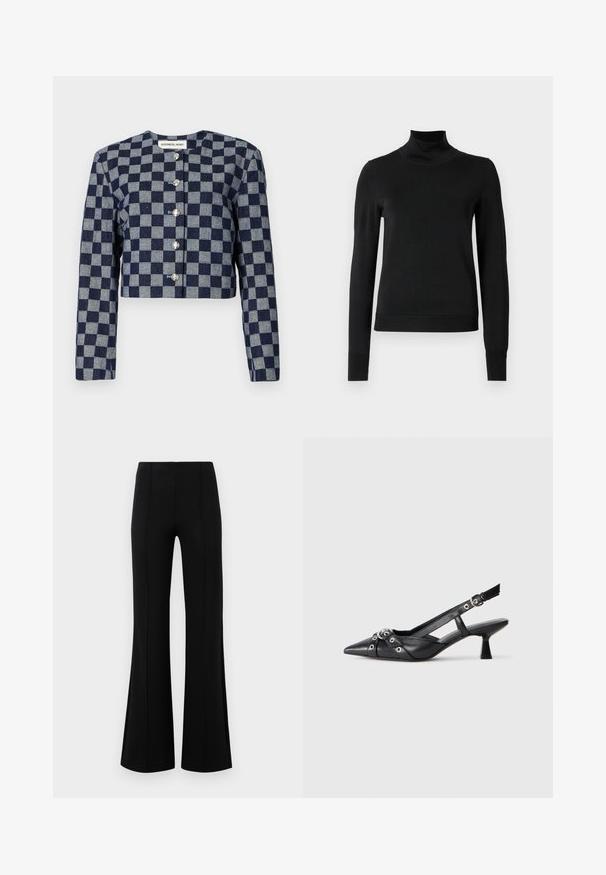 Kort jakke i marineblå og grå ternet mønster, med lange ærmer, rund halsudskæring og sølvfarvede knaplukninger foran.; Sort langærmet turtleneck sweater med ribbede manchetter og kant, vist på en simpel hvid baggrund.; Sorte højtaljede flared bukser lavet af strækbart stof. Har vertikale sømdetaljer foran og en glat tekstur.; Sort lædersandal med spids tå, dekorative stropper med metaløjer og en lav blokhæl. Struktureret overflade.