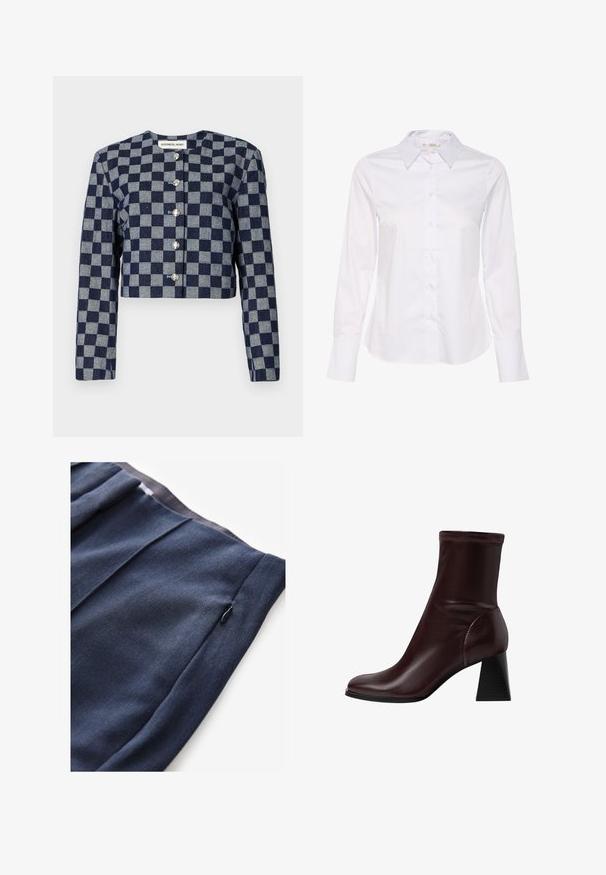 Krojena jakna v mornarsko modri in sivi karirasti vzorec, z dolgimi rokavi, okroglim izrezom in srebrnimi gumbi za zapiranje spredaj.; Bela srajca z dolgimi rokavi, ki ima klasičen ovratnik, gumbasto zapenjanje spredaj in ravno rob. Narejena je iz gladkega materiala in ima enostaven dizajn.; Temno modri hlače iz teksturirane tkanine, ki imajo stransko žep z zadrgo in naborke na pasu.; Stradivarius BLOCK - Klasični gležnjarji - dark red