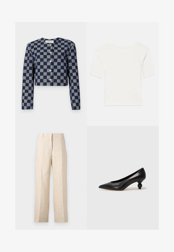 Giacca corta in blu navy e grigio a fantasia check, con maniche lunghe, scollo rotondo e chiusure con bottoni argentati sul davanti.; Top bianco a righe con maniche corte e scollo ampio. La texture presenta strisce verticali, enfatizzando una vestibilità aderente e un design semplice.; Pantaloni di lino beige con una vestibilità ampia, fronte plissettato e gambe dritte. Presentano una vita con passanti per cintura e senza tasche visibili.; Scarpa con tacco alto in pelle nera, con punta affilata e tacco arrotondato e bombato. Texture liscia con un design elegante e minimalista.