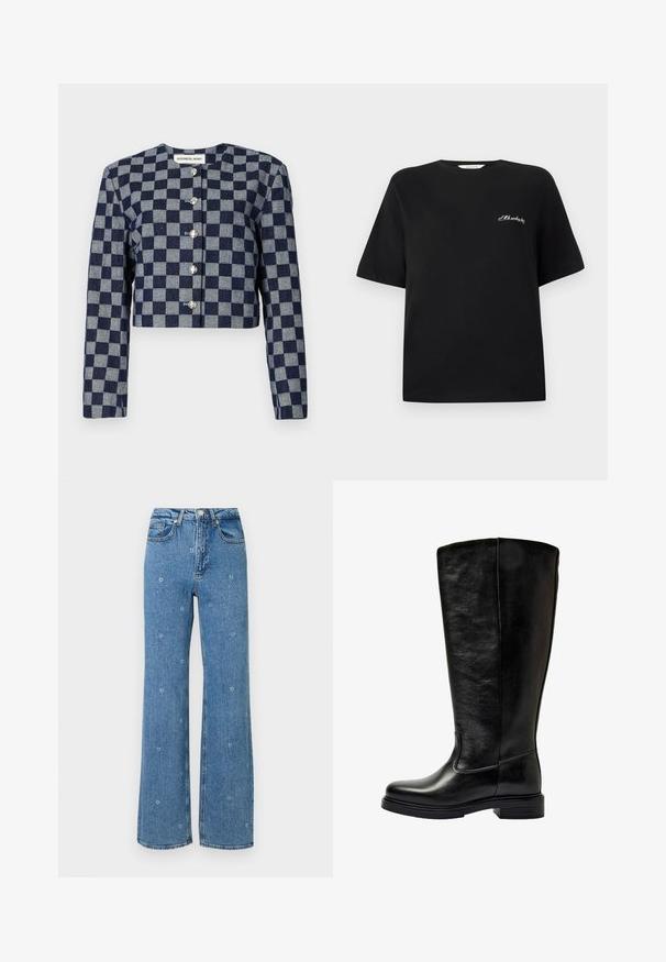 Veste courte à motif vichy bleu marine et gris, avec des manches longues, un col rond et des fermetures à boutons argentés sur le devant.; T-shirt en coton noir à manches courtes et col rond. Présente un texte brodé blanc sur la partie gauche de la poitrine. Texture lisse.; Jeans bleu taille haute à jambes droites avec de petites broderies florales blanches éparpillées sur le tissu.; Botte noire en cuir, haute jusqu'au genou, avec un petit talon empilé et un bout rond, présentée sur fond blanc.