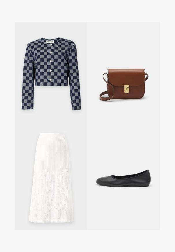 Giacca corta in blu navy e grigio a fantasia check, con maniche lunghe, scollo rotondo e chiusure con bottoni argentati sul davanti.; T-shirt bianca a maniche corte realizzata in tessuto a costine. Collo rotondo, vestibilità regolare e dettagli di cucitura sottili. Senza motivi o grafiche.; Gonna midi bianca in maglia con un motivo testurizzato a righe verticali e dettagli a taglio vicino all'orlo. Vita elasticizzata. Materiale morbido.; Pantofole da balletto nere in pelle con punta arrotondata, texture liscia, dettagli di cucitura minimi e design con suola flessibile.; Borsa a tracolla in pelle marrone con chiusura a pattina, hardware color oro, tracolla e una finitura liscia. Forma rettangolare compatta.