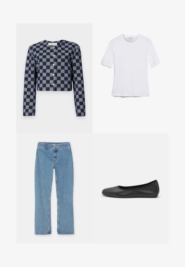 Skraťená bunda v námorníckej modrej a sivej kockovanej vzore, s dlhými rukávmi, okrúhlym výstrihom a striebornými gombíkmi na zapínanie vpredu.; Biela krátka tričko s krátkymi rukávmi vyrobené z rebrovanej látky. Klasický okrúhly výstrih, bežný strih a jemné švy. Bez vzorov alebo grafiky.; Svetlo modré džínsy s rovnými nohavicami, zapínanie na gombík a zips, pútka na opasok a klasické stehy na bielom pozadí.; Čierne kožené baleríny s okrúhlou špičkou, hladkým povrchom, minimálnym prešívaním a flexibilným dizajnom podrážky.