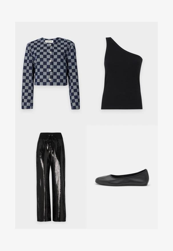 Kurze Jacke im marineblauen und grauen Karomuster, mit langen Ärmeln, runder Ausschnittform und silbernen Knopfverschlüssen auf der Vorderseite.; Schwarzes, geripptes Tanktop mit einem Schulterdesign, tailliert und aus einem weichen Material gefertigt. Es hat einen klaren, minimalistischen Schnitt und einen glatten Halsausschnitt.; Schwarze Pailletten-Hosen mit weitem Bein und elastischem Bund mit Kordelzug. Der Stoff hat eine reflektierende, glänzende Textur.; Schwarze Leder-Ballettschuhe mit abgerundeter Spitze, glatter Textur, minimalen Nähdetails und einem flexiblen Sohlen-Design.