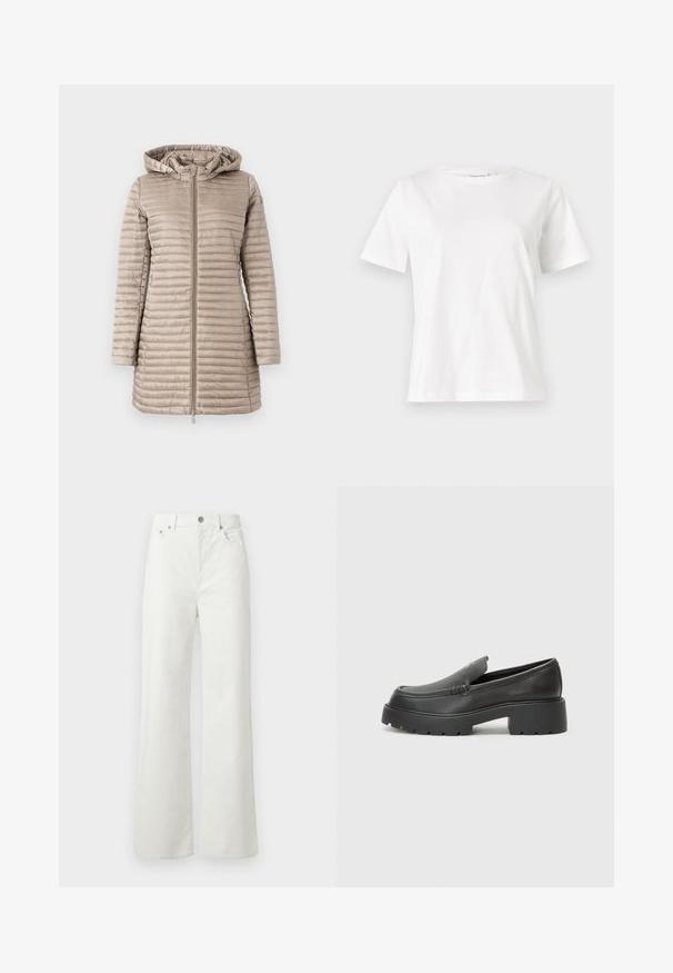 Beige padded parka with a hood, featuring vertical stitched lines, a front zipper closure, and side pockets. Smooth, shiny texture.; White cotton t-shirt with short sleeves, round neckline, and a relaxed fit. Smooth texture, no patterns or accents, minimalistic design.; Samsøe Samsøe SHELLY - Relaxed fit jeans - clear cream; Black leather loafers with a rounded toe, thick textured sole, and minimal stitching details. Sleek design with no visible laces or hardware.