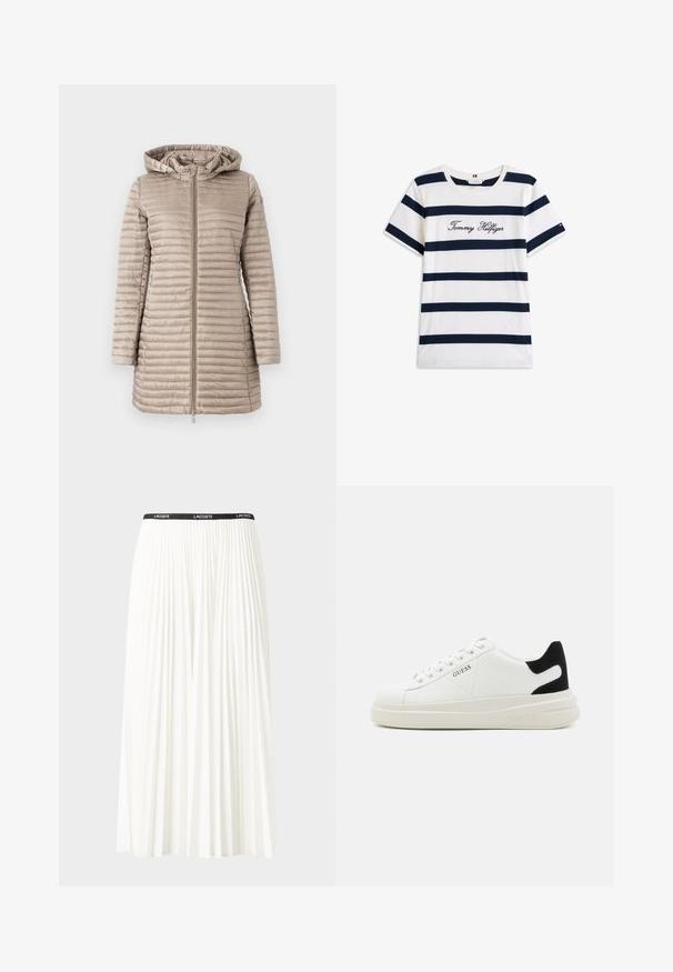 Beige színű, kapucnis párnázott parka, függőleges varrásokkal, elülső cipzárral és oldalsó zsebekkel. Simább, fényes textúra.; Fehér alapú, vízszintes sötétkék csíkos pamut póló. A mellkason írásos stílusban hímzett "Tommy Hilfiger" felirat. Kerek nyakú.; Plisszírozott fehér szoknya fekete elasztikus derékkal, amelyen a "LACOSTE" logó található. Középhosszú kialakítás, puha tapintással.; Fehér bőr sportcipők vastag fehér talppal, fekete velúr sarokpikkelyel és dombornyomott logóval az oldalon. Fűzős kialakítás, hat fűzőlyukkal.