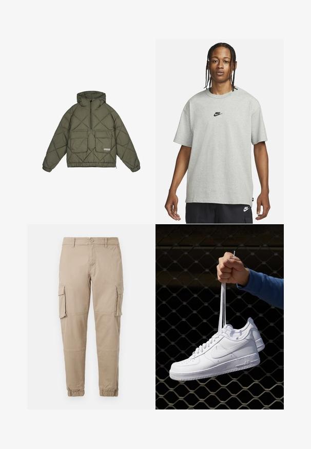 Puhasta jakna v olivno zeleni barvi, ki ima kapuco, zadrgo spredaj, dva sprednja žepa, svitkano zasnovo ter elastične manšete in rob.; Mlad človek z zasebnimi lasmi, oblečen v svetlo sivo majico Nike in črne kratke hlače Nike pred enostavno belo kuliso.; Bežne cargo hlače iz lahkega bombažnega materiala. Imajo elastične manšete, več stranskih žepov in gumbasto zapiranje.; Bela usnjena športna obutev s perforacijami, okroglo konico, ravnim podplatom in debelimi vezalkami, z vidnim logotipom smoosh in napisom "AIR" na peti.