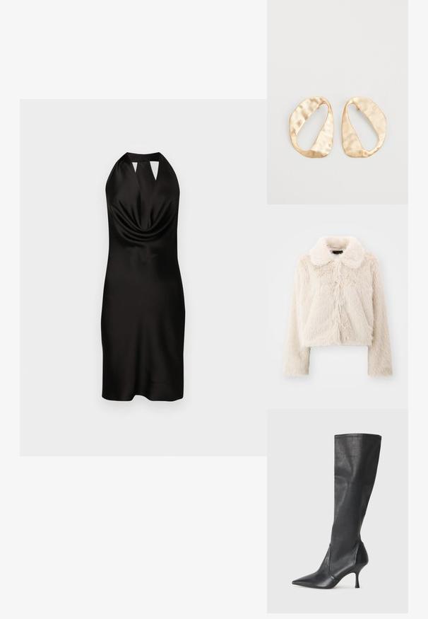 Cropped fur jacket in cream with a soft, textured finish. Features a classic collar and long sleeves, centered front seams, and no visible fastenings.; Black satin halter neck dress with a draped front, fitted silhouette, and cut-out detail at the neckline, reaching mid-thigh length.; Knee-high black leather boots with a pointed toe and a slim stiletto heel. Smooth texture with a fitted design and stitching at the top edge.; Black leather handbag with a round shape, soft texture, and a knotted handle featuring gold-tone hardware accents. Zipper closure.; Pair of irregular oval-shaped gold-toned metal earrings with a textured, slightly hammered surface on a white background.