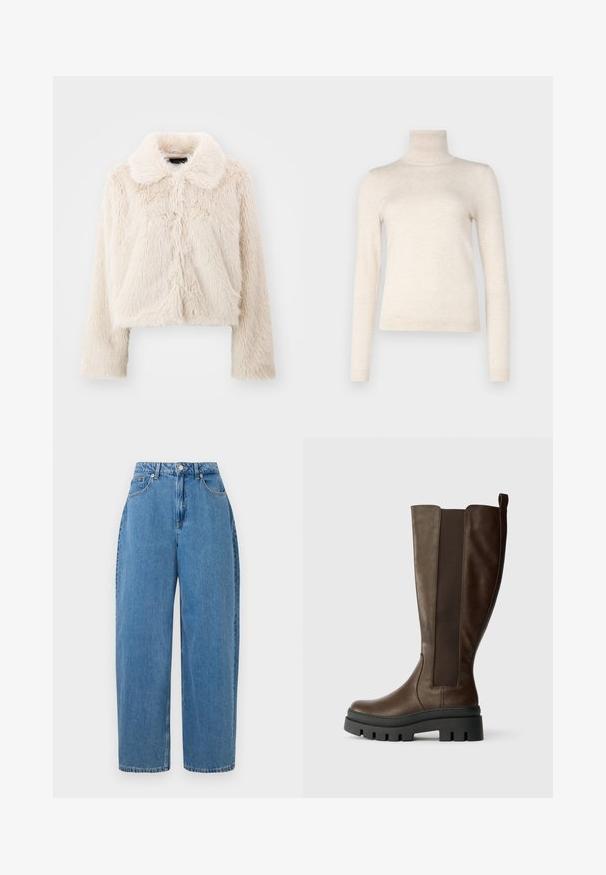 Kreminės spalvos trumpas kailinis švarkas su minkštu, tekstūruotu paviršiumi. Yra klasikinis apykaklė ir ilgomis rankovėmis, centrinės priekinės siūlės, nerodomi užsegimai.; Šviesiai kreminis golfo megztinis, pagamintas iš minkštos mezginės medžiagos. Pasižymi ilgomis rankovėmis ir drižine apykakle. Paprastas, minimalistiškas dizainas.; Šviesiai mėlynos džinsinės kelnes su tiesiu kirpimu, aukštu liemeniu ir priekyje užsegimu mygtuku. Turi penkias kišenes ir minimalias siuvimo detales.; Rudi odinė iki kelio aukščio avalynė su matinio paviršiaus apdaila, elastingomis šoninėmis juostomis ir masyviais juodais guminiais padais. Tiesi forma su suapvalintu priekiniu galiuku.