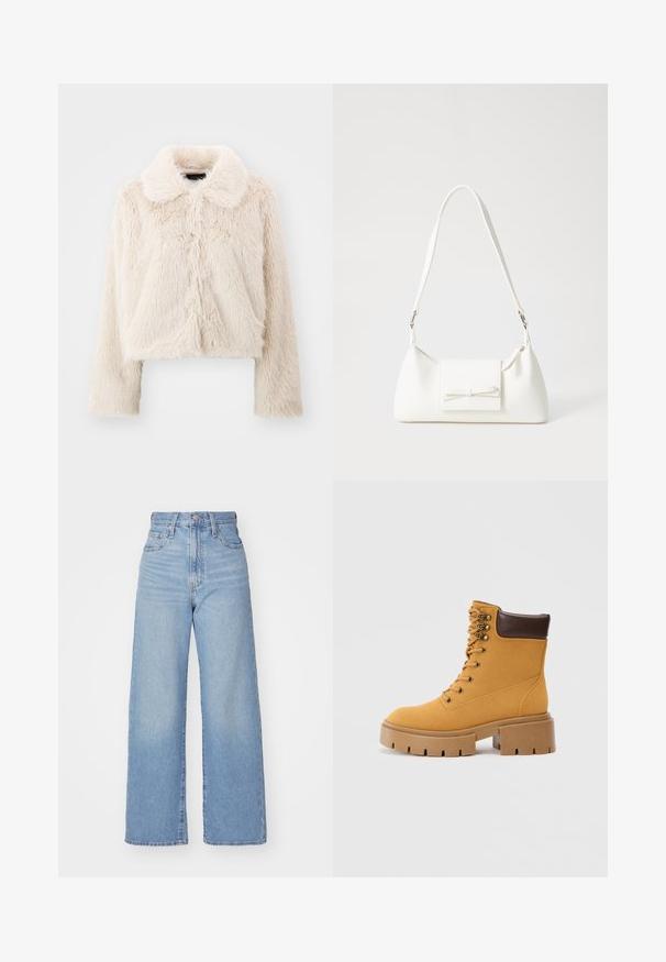Casaco de pêlo encurtado em creme com um acabamento macio e texturizado. Apresenta um colarinho clássico e mangas longas, costuras centrais à frente e sem fechos visíveis.; Camisa de ganga azul clara com mangas longas, colarinho pontudo, dois bolsos no peito e costura em contraste. Apresenta um design de yoke ao estilo western.; Jeans de cintura alta e perna larga em azul claro, com fecho frontal de botão e zíper, bolsos frontais e traseiros, sobre um fundo branco.; Bota de tornozelo em camurça amarela com gola em couro castanho, seis ilhós dourados e sola robusta em bege com sulcos para tração.; Mala sintética branca com formato triangular, aba frontal plana e detalhe de laço, alça ajustável, textura suave e design minimalista.