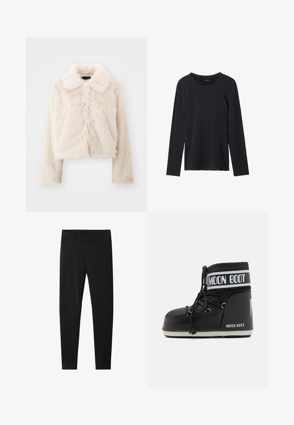 Chaqueta de piel recortada en crema con un acabado suave y texturizado. Presenta un cuello clásico y mangas largas, costuras frontales centradas y sin cierres visibles.; Camiseta negra de manga larga hecha de un tejido suave, con un cuello redondo, un diseño simple y sin patrones ni adornos visibles.; Leggings negros con una cinturilla elástica gruesa. Hechos de un material suave y elástico, ajustados para un silueta entallada y sin patrones visibles.; Bota Moon negra con parte superior acolchada, asegurada con cordones y una distintiva banda blanca con el logo. Suela de goma gruesa y texturizada.