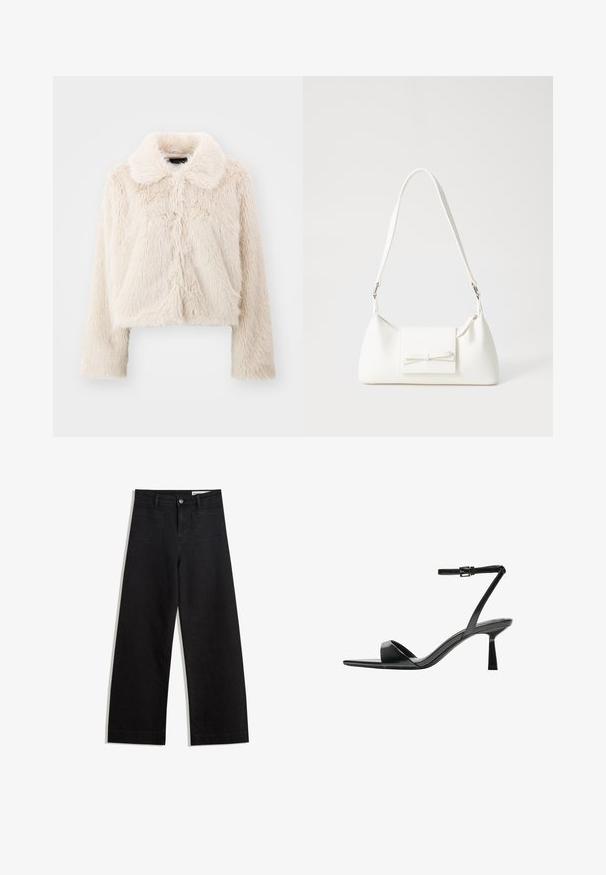 Veste en fourrure coupée de couleur crème avec une finition douce et texturée. Présente un col classique et de longues manches, des coutures centrales à l'avant, et aucun système de fermeture visible.; T-shirt noir à manches courtes en V, au design simple et ajusté, sur fond blanc.; Pantalon en denim noir à jambes larges avec une taille haute, comprenant des poches avant et arrière, des coutures piquées et une fermeture à bouton. Texture lisse.; Bershka Sandales à talons hauts - black; Sac à main synthétique blanc en forme triangulaire, avec un rabat avant plat et un détail en nœud, une bandoulière ajustable, une texture lisse et un design minimaliste.