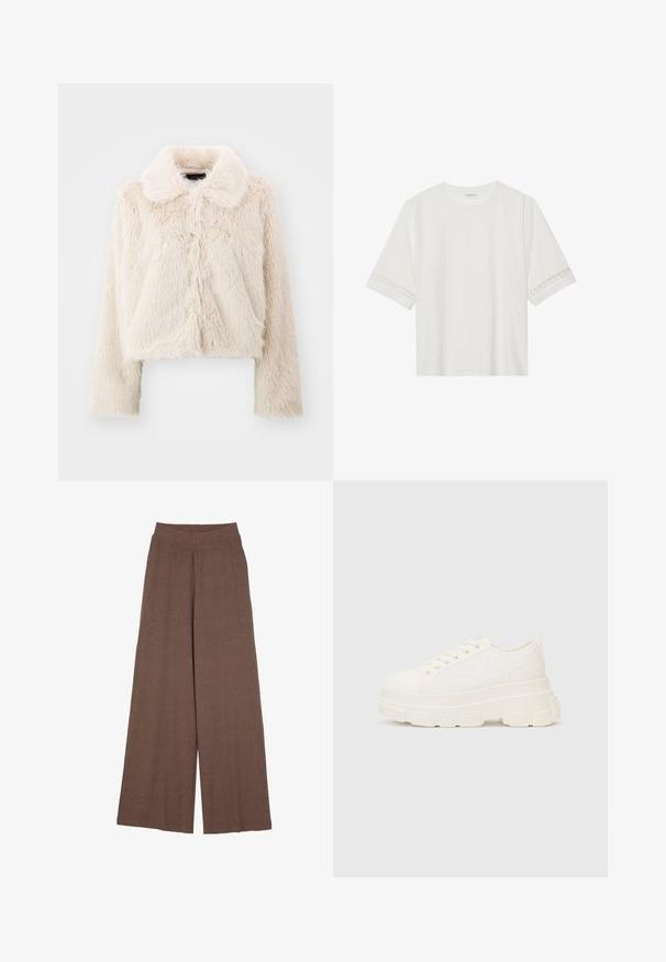 Kratka krzna jakna u krem boji s mekim, teksturiranim završetkom. Ima klasični ovratnik i duge rukave, s centralnim prednjim šavovima i bez vidljivih kopčanja.; Bjela majica kratkih rukava od pamuka, s dekorativnom čipkastom obrubom duž rukava i okruglim izrezom.; Hlače širokih nogavica od teksturne, rebraste tkanine u toploj smeškastoj boji. Imaju bešavni pojas i lepršavi oblik.; Bijela platnena tenisica s debelim potplatom, zaobljenim vrhom i pet rupica za vezice. Stražnji tab za jednostavno obuvanje. Glatka tekstura, minimalistički dizajn.