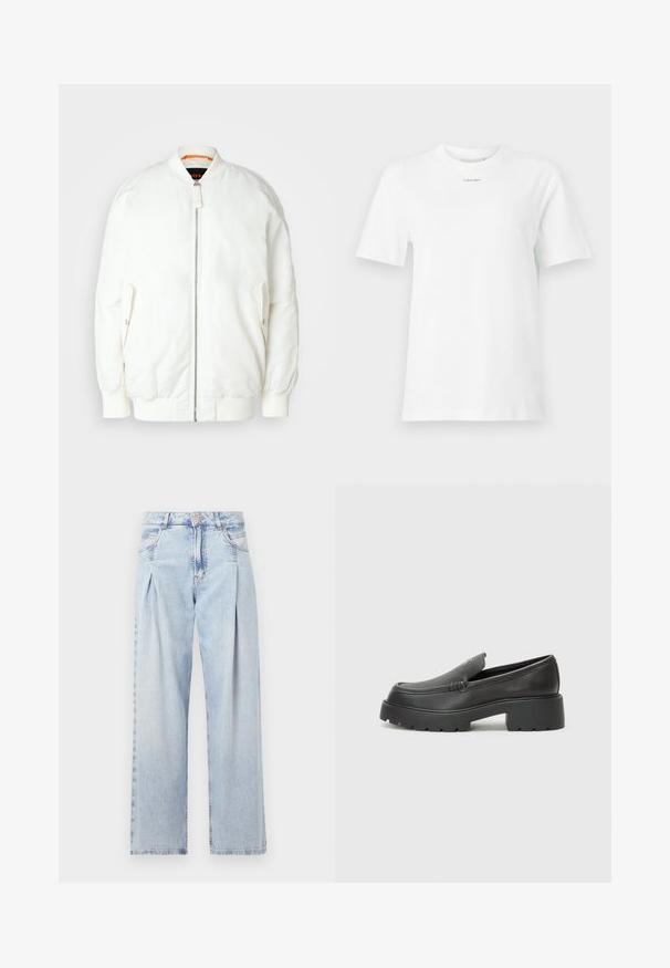 Hvit bomberjakke med en jevn, blank tekstur, ribbet krage og mansjetter, glidelåsåpning og sidelommer. Subtile oransje detaljer på innsiden.; Hvit bomull t-skjorte med rund hals, korte ermer og en liten svart "Calvin Klein" logo på brystet. Enkel design, ingen mønstre.; Lyseblå denimjeans med høy livlinje, vide ben, to sidelommer og plisserte detaljer. Myk tekstur med en falmet finish.; Sorte skinnloafers med rund tå, tykk teksturert såle og minimale sømdetaljer. Strømlinjeformet design uten synlige snørebånd eller hardvarer.