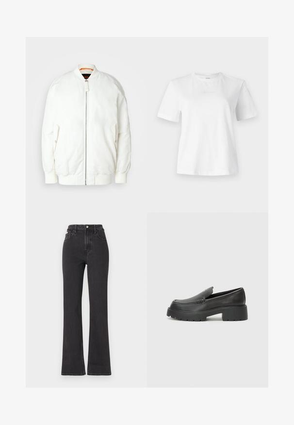 Balta bomber megzta, lygaus, blizgaus paviršiaus, su raukšlėtu apykakliu ir rankogaliais, užtrauktuku užsegama ir šoninėmis kišenėmis. Švelnios oranžinės detalės viduje.; Balta medvilnė marškinėliai trumpomis rankovėmis, apvaliu iškirpimu ir subtiliu iškilniu Calvin Klein logotipu priekyje. Lygi tekstūra, klasikinis pjūvis.; Juodi aukštu liemeniu platėjantys džinsai, pagaminti iš džinsinio audinio, su mygtuko uždarymu, diržo kilpomis ir šoninėmis kišenėmis. Lygus paviršius su minimaliais išblukimais.; Juodi odiniai loaferiai su apvaliu pirštu, storu tekstūruotu padu ir minimaliu siūlių dekoru. Išskirtinis dizainas be matomų raištelių ar furnitūros.