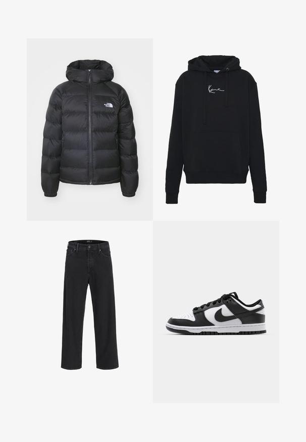 Jachetă puf neagră cu glugă, cu fermoar la față, manșete elastice și un logo pe partea stângă a pieptului. Textura matlasată îmbunătățește izolația.; Hanorac negru din material moale, cu buzunar frontal, sireturi și broderie albă a logo-ului pe piept. Croială clasică și manșete ribbate.; Jeans din denim negri, cu croială dreaptă, cu închidere prin buton și fermoar, bucle pentru curea și buzunare în față și în spate.; Adidași Nike Dunk alb-negru, cu un superior din piele, vârf perforat, sireturi negre și talpă din cauciuc negru cu design de profil.