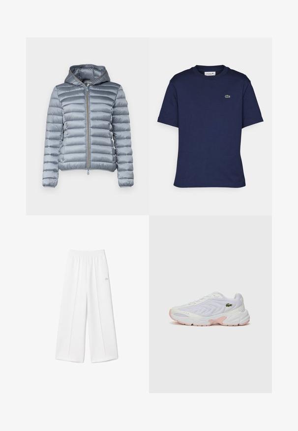 Save the duck ALEXIS - Light jacket - blue fog; Short-sleeve navy blue t-shirt made of cotton, featuring a crew neck and a small green Lacoste logo on the left chest.; White wide-leg trousers with an elastic waistband, soft fabric texture, center pleats, and a small Lacoste logo embroidered on the side.; White athletic shoes with a textured mesh upper, subtle pink accents on the sole, and a green crocodile logo on the side.