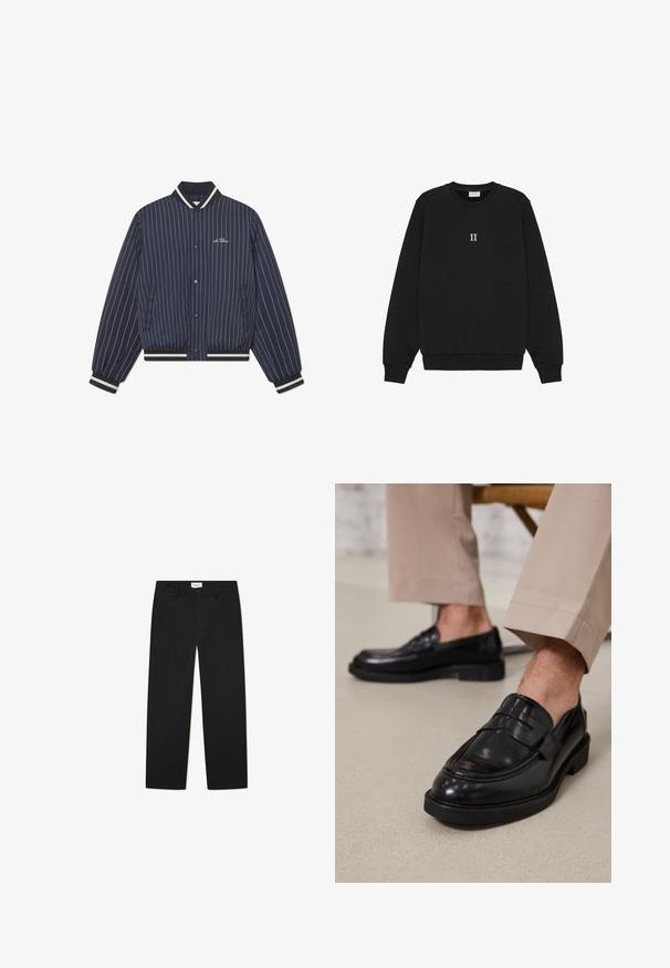 Mørkeblå bomberjakke med prikker i ribbestrikket krage, mansjetter og kant; har frontknapper med trykknapper og sidelommer.; Svart sweatshirt laget av bomull, med rund hals og ribbestrikkede mansjetter, med teksten "II" brodert i hvitt foran.; Sorte, skreddersydde bukser laget av glatt stoff. Har knappelukking, beltehemper og sidelommer. Rett ben-design uten utsmykninger.; Svarte skinnloafers med glatt overflate, med en dekorativ stropp og kontrastbroderi, sammen med beige bukser.
