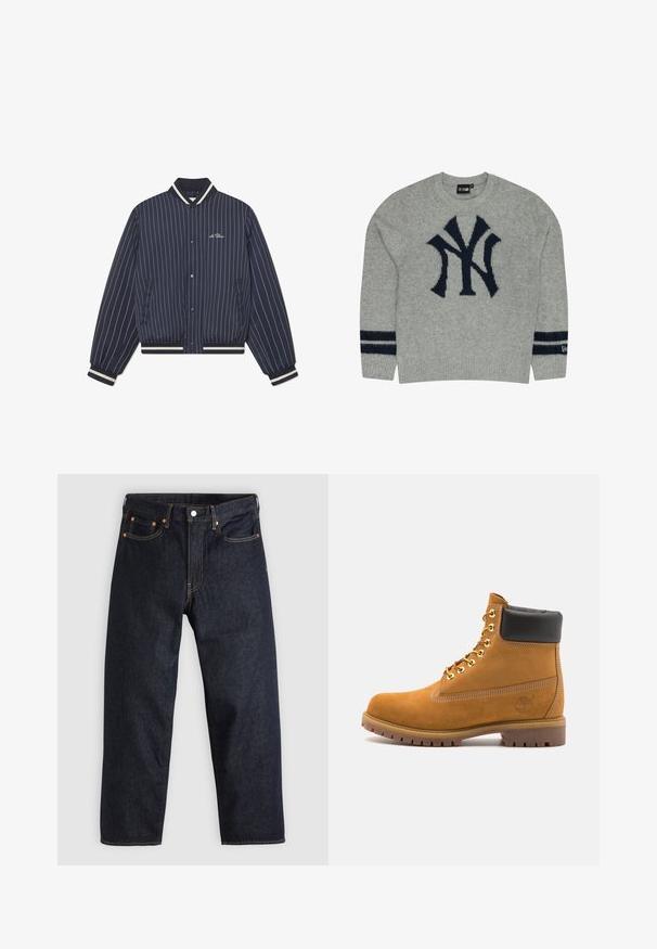 Navy blue, pinstripe bomber jacket with a ribbed collar, cuffs, and hem; features front snap buttons and side pockets.; Gray knitted sweater featuring a navy NY logo on the chest and two navy stripes on the sleeves. Ribbed cuffs and hem detail.; Dark blue denim jeans with a straight cut, five pockets, contrasting orange stitching, and a button fly. No visible patterns or embellishments.; Tan suede ankle boot with black padded collar, gold metal eyelets, white stitching detailing, and rugged rubber sole with pronounced treads.