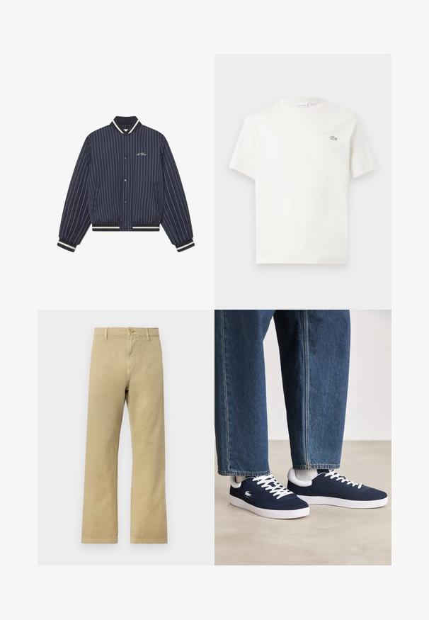 Navy blue, pinstripe bomber jacket with a ribbed collar, cuffs, and hem; features front snap buttons and side pockets.; White cotton t-shirt with short sleeves, featuring a subtle embroidered logo and minimalistic design. Soft texture, crew neckline.; Light beige chinos with straight leg design. Made from soft cotton fabric, featuring a front button closure and side pockets.; Blue canvas sneakers with white laces and rubber soles, displayed with denim trousers and grey ribbed socks, on a light grey surface.