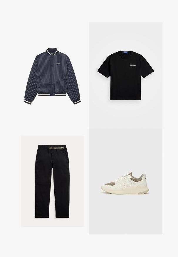 Tumši zilas krāsas bumbers jakas ar svītrām, ar ribotām apkakli, aprocēm un apakšmalu; iekļauj priekšējus klikšķu pogas un sānu kabatas.; Melnas kokvilnas T-krekls ar apaļu dekoltē un īsām piedurknēm. Uz kreisā krūtīm atrodas "POLO SPORT" logo baltā krāsā. Standarta piegriezums.; Melnas bikses, izgatavotas no viegla auduma, ar elastīgu jostu un integrētu zaļu jostu, taisna piegriezuma un sānu kabatām.; Baltas un gaiši bež sporta apavi, ar sieta augšdaļu, perforētiem detaļām un teksturētu vidusdaļu ar zīmolu uz papēža.