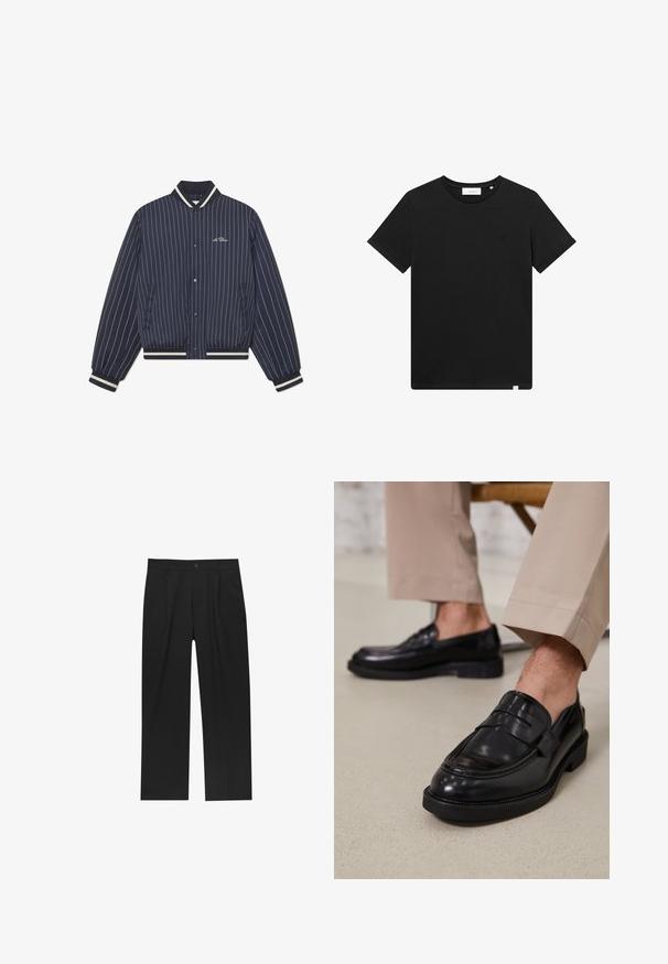 Mørkeblå bomberjakke med stiklestriber, ribbet krave, manchetter og kant; har frontknapper og sidelommer.; Sort kortærmet T-shirt lavet af bomuld, med rund hals og et lille logo broderet på brystet. Glat tekstur, standard pasform.; Sorte bukser med lige ben, lavet af et glat stof. Har frontfolder og en enkelt knaplukning i taljen.; Sorte lædermokkasiner med en glat overflade, der har en dekorativ rem og kontraststing, parret med beige bukser.