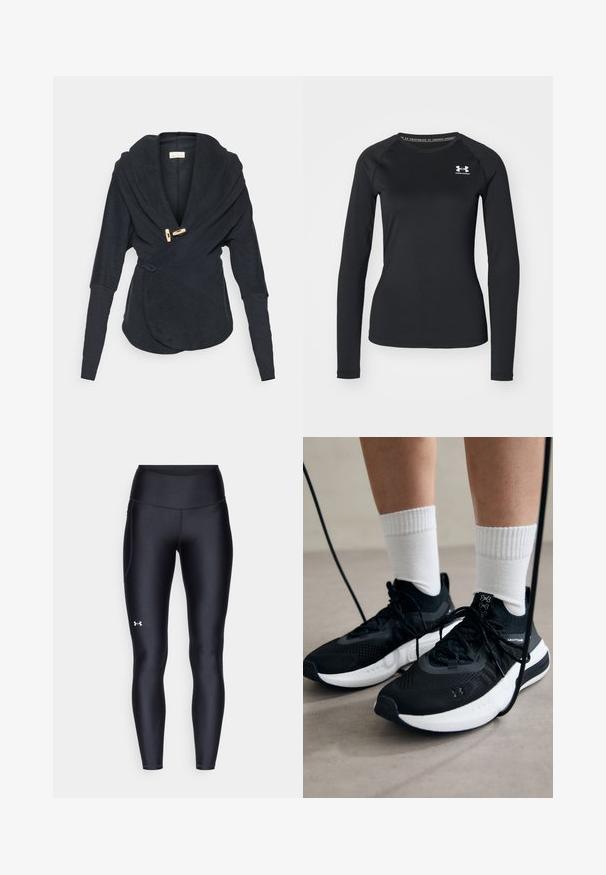 Yogasearcher Φλις μπουφάν - black; Μαύρο αθλητικό μπλουζάκι με μακριά μανίκια, κατασκευασμένο από λείο ύφασμα, με στρογγυλή λαιμόκοψη και ένα μικρό λευκό λογότυπο στην αριστερή πλευρά του στήθους.; Μαύρες κολάν από απαλό, ελαστικό ύφασμα με ψηλή μέση. Διαθέτουν λευκό λογότυπο στον αριστερό μηρό και εφαρμοστή σχεδίαση.; Μαύρα αθλητικά παπούτσια με υφασμάτινη υφή, λευκή σόλα και μαύρα κορδόνια. Φορεμένα με λευκές ριγέ κάλτσες, στέκονται σε ελαφριά επιφάνεια.