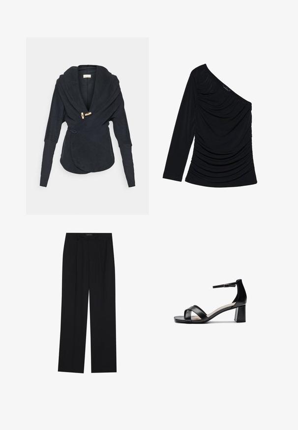 Yogasearcher Fleece jacket - black; Black long-sleeve top featuring a one-shoulder design, textured ruching along the front, and a smooth fabric finish.; Black trousers with a straight-leg design, featuring two front pockets and a waistband. Made from a smooth, lightweight fabric.; Black open-toe heeled sandal with crossed straps, adjustable ankle strap, and a chunky heel, featuring a smooth leather texture.