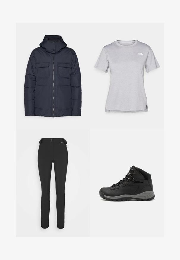 Marineblauwe pufferjack met een capuchon, voorzien van een rits aan de voorkant, twee borstzakken en een gestikt ontwerp. Gemaakt van een gestructureerd, synthetisch materiaal.; Grijze T-shirt met korte mouwen, gemaakt van zachte, vochtabsorberende stof. Heeft een ronde hals en een klein wit logo op de bovenste linkerzijde.; Zwarte, strakke broek gemaakt van een flexibel materiaal. Kenmerken zijn onder andere een ritszak aan de zijkant, gebogen knieën en een gladde textuur.; Zwarte wandelschoen met een mid-top ontwerp, voorzien van een gestructureerde bovenkant, grijze accenten en een duurzame rubberen zool met gripnoppen.