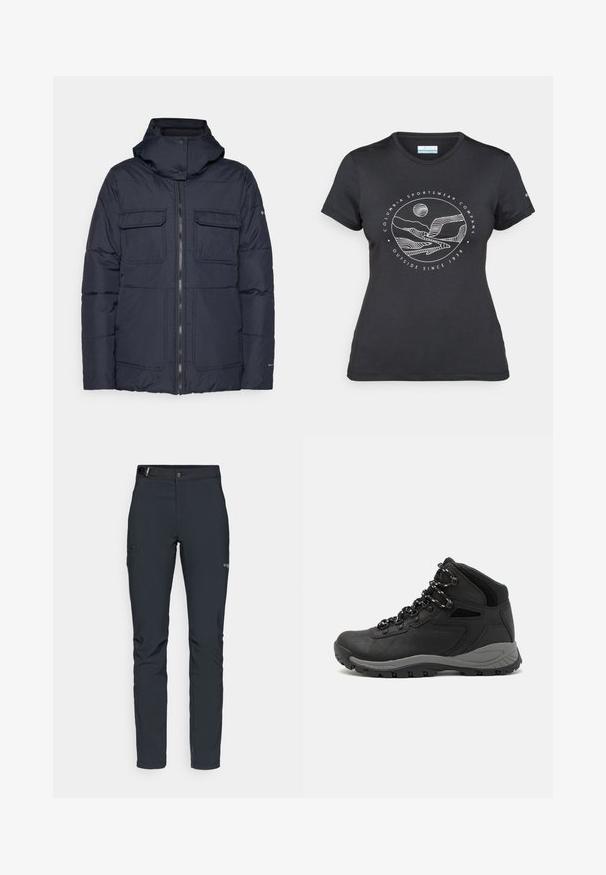 Tamsiai mėlynas pūkinis švarkas su gobtuvu, turintis užtrauktuką priekyje, dvi krūtines kišenes ir siuvinėjimo dizainą. Pagamintas iš tekstūruotos sintetinės medžiagos.; Juodas "Columbia" marškinėliai su balta apskrita kalnų ir upės linijų grafika bei tekstu "Columbia Sportswear Company Lauke nuo 1938 metų."; Vyrų lauko kelnės, tamsiai pilkos, pagamintos iš elastingos medžiagos, su diržu, užtrauktukais užtraukiamomis kišenėmis ir sustiprinta siūle.; Juodas žygio botas su vidutinio aukščio dizainu, pasižymintis tekstūruota viršutine dalimi, pilkų akcentų ir patvaria guma padanga su sukibimo gumbais.