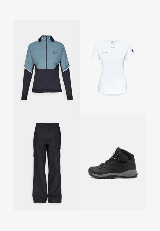 Dynafit ALPINE HYBRID JACKET - Blouson - atlantic; T-shirt de sport à manches courtes, blanc, avec un col rond, arborant un logo sur la poitrine et une texture de tissu lisse et léger.; Columbia BREA FALLS™ COTTON RIPSTOP PANT - Pantalons outdoor - black; Botte de randonnée noire au design mi-haut, avec un dessus texturé, des accents gris et une semelle en caoutchouc durable avec des crampons de traction.