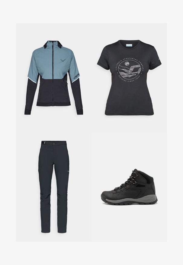 Dynafit ALPINE HYBRID JACKET - Blouson - atlantic; T-shirt noir Columbia avec un dessin linéaire blanc de montagne et de rivière en cercle et le texte "Columbia Sportswear Company À l'extérieur depuis 1938."; Pantalons de plein air pour hommes, gris foncé, fabriqués en matériau flexible, dotés d'une ceinture, de poches zippées et de coutures renforcées.; Botte de randonnée noire au design mi-haut, avec un dessus texturé, des accents gris et une semelle en caoutchouc durable avec des crampons de traction.