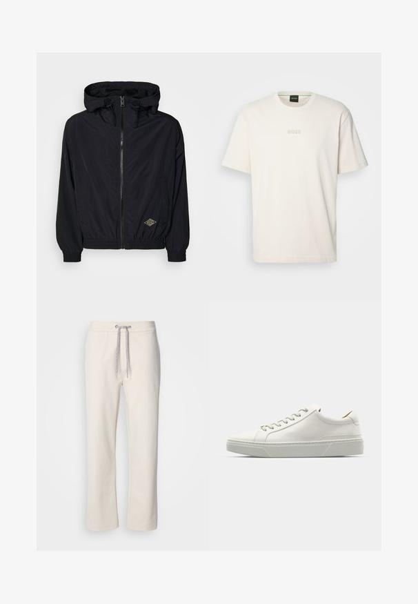 Jachetă neagră ușoară cu glugă, închidere cu fermoar, manșete elastice și tiv. Prezintă un logo mic aurit pe partea din față dreaptă.; BOSS TEE - Tricou basic - open white; Pantaloni casual de culoare crem, cu talie elastică și picioare drepte, expuși pe un fundal alb simplu.; Sneaker din piele albă cu vârful rotund, design minimalist, șireturi gri și o talpă din cauciuc texturată, gri. Detalii de cusătură subtile vizibile.