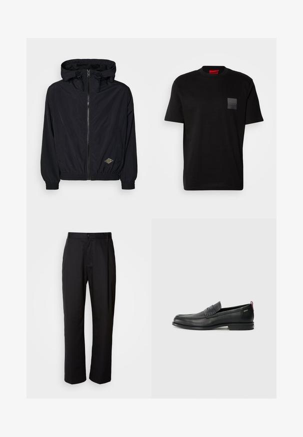 Black lightweight jacket with a hood, zip closure, elastic cuffs, and hem. Features a small logo in gold on the front right side.; Black cotton T-shirt with a crew neck, featuring a textured black patch with logo on the left chest. Short sleeves and relaxed fit.; Black trousers with a straight cut, made of lightweight fabric. Features a front button closure and two side pockets; smooth texture.; Black leather loafers with a textured front panel and smooth sides. Features a slim heel and rear loop for easy wear. Classic design.