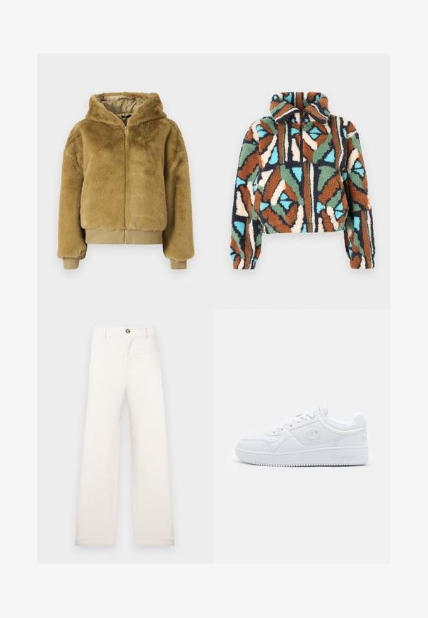 Barna, műszőrme bomber dzseki cipzárral, kapucnival, és rugalmas mandzsettákkal és aljjal. Puha textúrájú és rövidített kialakítású, mely melegséget biztosít.; Bolyhos cipzáras dzseki geometriai mintával, barna, zöld, kék és krémszín árnyalataiban. Galléros kialakítás, rugalmas mandzsettákkal.; Sötétszürke pamut póló, bővített szabású, rövid ujjú, kerek nyakkivágással, arany hímzéssel díszített napgrafikával és "BILLABONG" felirattal.; Széles szárú, bézs színű nadrág texturált anyagból. Elöl gombos záródással és övtartókkal rendelkezik. Egyszerű, letisztult design, minták nélkül.; Fehér sneaker sima szintetikus anyagból, kerek orral, lapos talppal, és diszkrét logó dekorációval az oldalán. Klasszikus alacsony fazon.