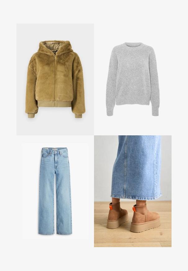 Beež faux karusnahast bomberjakker, millel on lukuga esiosa, kapuuts ning elastsed mansetid ja alläär. Pehme tekstuur ja lühike disain sooja hoidmiseks.; Hallide lõhiku ja ümarate kaelustega hall kudumipusa, millel on pikad varrukad, soonikkoes mansetid ja allaosad. Pusa on pehme tekstuuriga ja mugava lõikega.; Kõrge vöökohaga helesinised laiad püksid, millel on ees nupud ja lukud, vööd ja viie tasku stiil.; Pruunid nahatooted platvormikontsad elastsete külgpaneelidega ja oranžide tõmbetuttidega, koos puusani ulatuva heleda denim-seelikuga puidust põrandal.