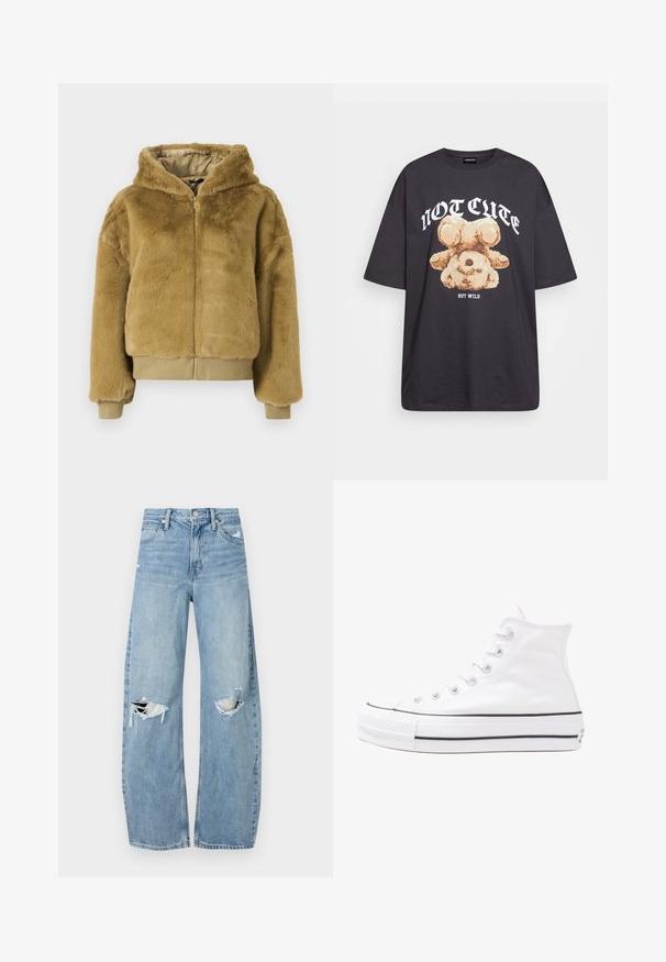Tan faux fur bomberjacka med dragkedja fram, huva och elastiska ärmslut och fåll. Mjuk textur och kort design för värme.; Svart oversized t-shirt med en grafik av en björn och texten "INTE SÖT MEN VILD" i fet, vit lettering. Tillverkad av bomull.; Ljusblå, högmidjade jeans i denim. Har vida ben, två slitna knäområden och klassisk femfickedesign.; Vit hög topp canvas sneaker med svart gummisulan, framsidan gummitåhätta och sex öglor för snören, med en ren, minimalistisk design.