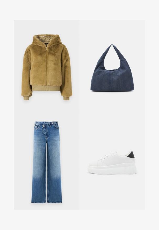 Beež faux karusnahast bomberjakker, millel on lukuga esiosa, kapuuts ning elastsed mansetid ja alläär. Pehme tekstuur ja lühike disain sooja hoidmiseks.; Kollektsioon kolm lühikese varrukaga T-särki mustas, hallis ja valges värvitoonis. Valmistatud puuvillast, ümmarguse kaelusega ja lihtsa, ühevärvilise disainiga.; Heledad sinised laiad püksid, millel on kulunud pesu, klassikalise viie taskuga disain ja metallnupukillad vööl.; Valged platvormsneakerid, mis on valmistatud siledast sünteetilisest materjalist, ovaalse toe, paelkinnise disaini ja tekstuurse kummitaldiga. Must kontsrihm.; Tume sinine teksakott pehme ja veniva kujuga, sisaldab hobo-stiilis sangasid ja tekstuurset pinda. Nähtavad kinnitusdetailid puuduvad.