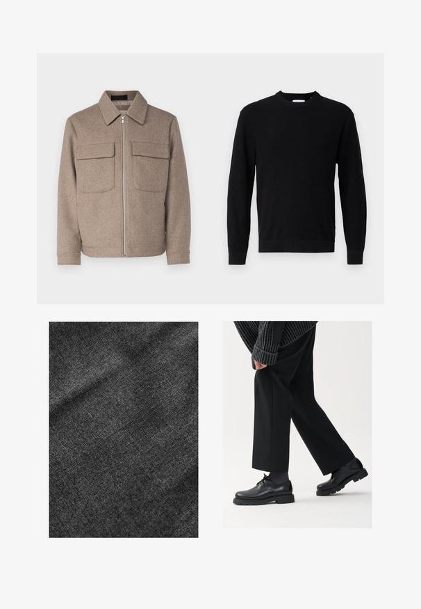 Bruine wollen jas met een klassieke kraag, een rits aan de voorkant en twee borstzakken. Beschikt over een gestructureerde stof en een getailleerd silhouet.; Zwarte gebreide trui met een ronde halslijn, lange mouwen en een ribbelstructuur. Heeft een rechte zoom en een minimalistisch ontwerp.; Geweven zwarte stof met een zachte, licht glanzende oppervlakte, die een subtiel weefpatroon en een soepele val vertoont.; Zwarte leren schoenen met een afgeronde neus, vetersluiting en een dikke, getextureerde zool. Draagt een gepaste zwarte broek en een geribbelde trui.