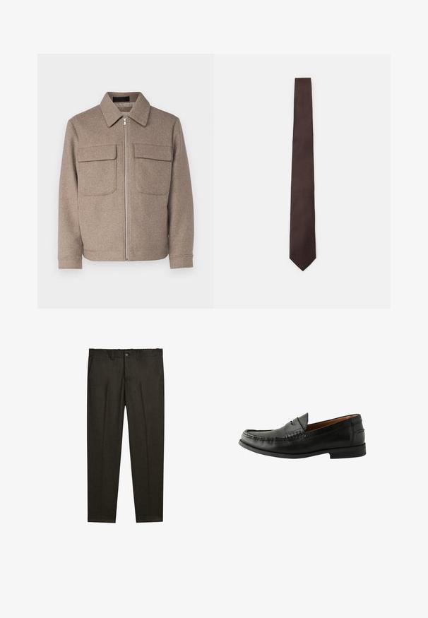 Brązowa wełniana kurtka z klasycznym kołnierzem, z przodu na zamek oraz dwiema kieszeniami na piersi. Posiada teksturowany materiał i dopasowaną sylwetkę.; Jasnoróżowa koszula z długim rękawem, w pionowe białe paski, zapinana na guziki, z klasycznym kołnierzykiem i mankietami z pojedynczym detalem guzika.; Ciemnobrązowe spodnie szyte na miarę z plisami z przodu, szlufkami na pasek, kieszeniami bocznymi oraz zapięciem na guzik w pasie.; Czarne skórzane mokasyny o gładkim wykończeniu, zaokrąglonym czubku, ręcznie szytych detalach oraz niskiej gumowej podeszwie. Klasyczny i uniwersalny design.; Brązowy krawat o teksturowanym wzorze, elegancki design i spiczasty koniec. Wykonany z tkaniny, z gładką powierzchnią i subtelnym połyskiem.