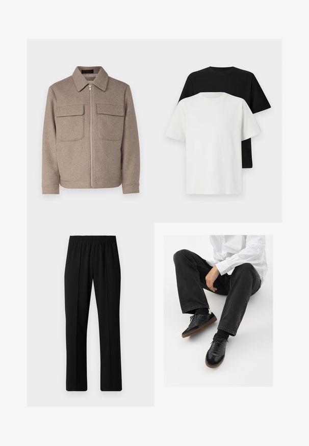 Brūns vilnas žakets ar klasisku apkakli, priekšējo rāvējslēdzēju un divām krūšu kabatām. Tam ir teksturēts audums un pieguļoša silueta.; Kokvilnas T-kreklu komplekts, kas sastāv no melna un baltā T-krekla, abi ar īsām piedurknēm, apaļu kakla izgriezumu un standarta piegriezumu. Faktūras audums.; Melni elastīgi bikses ar taisnas kājas dizainu, ar gludu tekstūru un bez redzamām zīmēm vai detaļām.; Melnas sporta kurpes ar gludu un teksturētu virsu, apgādātas ar gumijas zoli un tumšiem auklām. Saskaņotas ar melniem džinsiem un baltu svītrainu krekls.