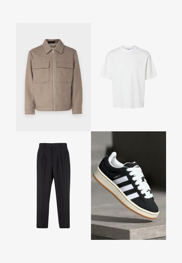 Brun ulljakke med klassisk krage, frontlås og to brystlommer. Har et strukturert stoff og en tettsittende silhuett.; Hvit bomull t-skjorte med korte ermer, rund hals og avslappet passform. Glatt tekstur uten synlige mønstre eller detaljer.; Sorte bukser med plisseret frontdesign, lavet af glat stof. Har knaplukning og bæltesløjfer; rett-bukser.; Svart joggesko med hvite striper, snøring, teksturert overdel og gummisåle. Har "CAMPUS"-logo på siden og gummisåle i brunfarge.