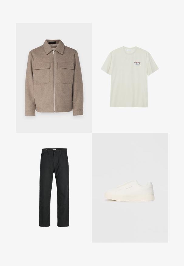 Bruine wollen jas met een klassieke kraag, een rits aan de voorkant en twee borstzakken. Beschikt over een gestructureerde stof en een getailleerd silhouet.; Licht crèmekleurig katoenen T-shirt met korte mouwen. Bevat een kleine blauw-rode afbeelding van een marlijn en de tekst "MARLIN TROPHY".; Zwarte broeken gemaakt van duurzame stof, met een recht gesneden ontwerp, gestikte accenten en twee voorzakken voor functionaliteit.; Witte instap sneakers met een gestructureerd oppervlak, een dikke zool en een minimalistisch ontwerp. Bevat het merklogo aan de zijkant.