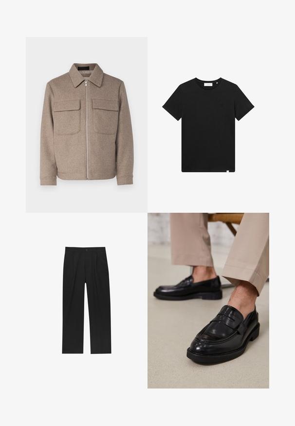 Brązowa wełniana kurtka z klasycznym kołnierzem, z przodu na zamek oraz dwiema kieszeniami na piersi. Posiada teksturowany materiał i dopasowaną sylwetkę.; Czarna koszulka z krótkim rękawem wykonana z bawełny, z okrągłym dekoltem i małym logo haftowanym na piersi. Gładka tekstura, standardowy krój.; Czarne spodnie o prostym kroju, wykonane z gładkiego materiału. Posiadają zakładki z przodu i pojedyncze zapięcie na guziki w pasie.; Czarne skórzane mokasyny o gładkim wykończeniu, z dekoracyjnym paskiem i kontrastowym szwem, w połączeniu z beżowymi spodniami.