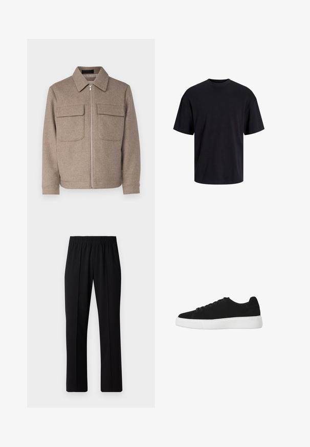 Brązowa wełniana kurtka z klasycznym kołnierzem, z przodu na zamek oraz dwiema kieszeniami na piersi. Posiada teksturowany materiał i dopasowaną sylwetkę.; Czarna bawełniana koszulka z okrągłym dekoltem, krótkimi rękawami i luźnym krojem. Gładka tekstura, bez widocznych wzorów czy akcentów.; Czarne spodnie z elastycznym pasem o prostym kroju, z gładką strukturą i bez widocznych wzorów czy elementów metalowych.; Czarne zamszowe sneakersy z okrągłym noskiem, sznurowaniem z przodu i białą gumową podeszwą. Prosty design z minimalnymi akcentami i gładką teksturą.