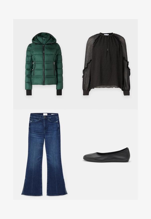 MICHAEL Michael Kors PACKABLE WITH BIB - Veste d'hiver - dark emerald; Hofmann Copenhagen XENIA - Blouse - black; Jean évasé bleu foncé en denim. Il présente une taille haute, des poches avant et des fentes au bas. Design classique à cinq poches.; Ballerines en cuir noir avec un bout rond, texture lisse, détails de couture minimalistes et design de semelle flexible.