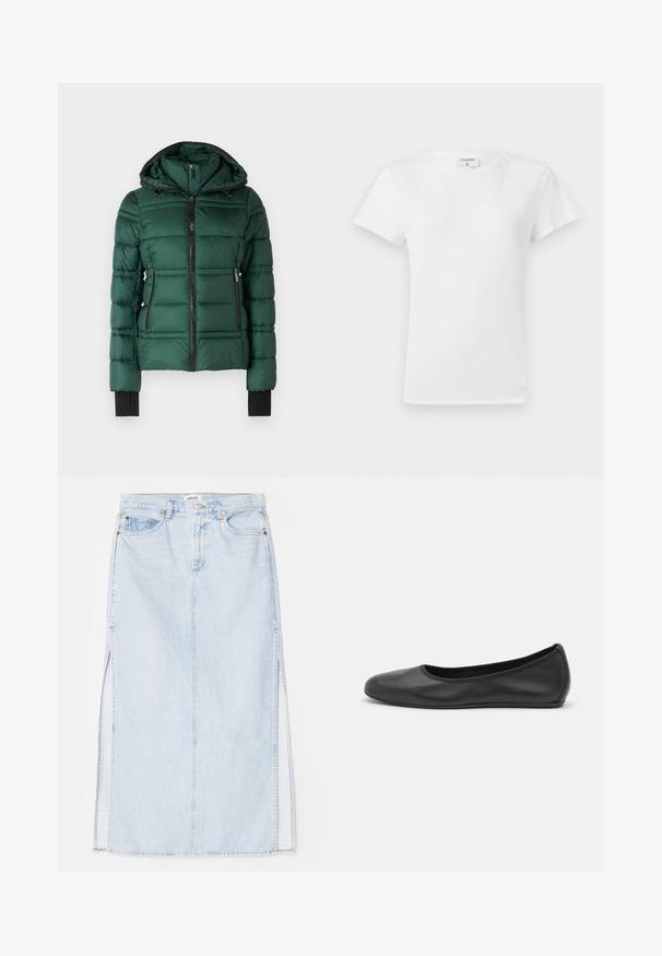 MICHAEL Michael Kors PACKABLE WITH BIB - Veste d'hiver - dark emerald; T-shirt en coton blanc avec un col rond et des manches courtes, présentant une coupe décontractée et un design minimaliste. Étiquette visible au niveau du cou.; Jupe maxi en denim bleu clair avec une coupe droite, dotée de fentes sur les côtés et d'un design à cinq poches. Couture bien visible et fermeture à bouton métallique.; Ballerines en cuir noir avec un bout rond, texture lisse, détails de couture minimalistes et design de semelle flexible.