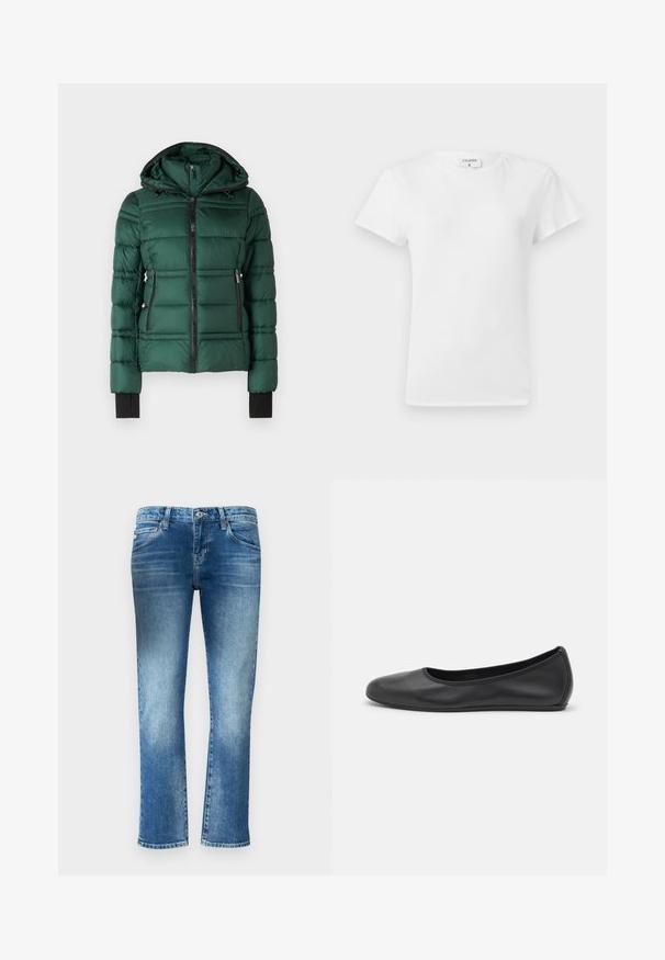 MICHAEL Michael Kors PACKABLE WITH BIB - Zimná bunda - dark emerald; Biela bavlnená tričko s okrúhlym výstrihom a krátkymi rukávmi, s voľným strihom a minimalistickým dizajnom. Nálepka viditeľná na krku.; Svetlomodré džínsy s rovnými nohavicami, s jemným opotrebovaním a stredne vysokým pásom. Obsahujú päť vreciek a pútka na opasok.; Čierne kožené baleríny s okrúhlou špičkou, hladkým povrchom, minimálnym prešívaním a flexibilným dizajnom podrážky.