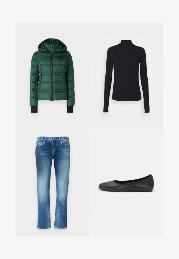 MICHAEL Michael Kors PACKABLE WITH BIB - Veste d'hiver - dark emerald; Haut à manches longues noir en col roulé, fabriqué en tissu lisse, présentant un col volanté et une silhouette ajustée avec des bords simples.; Jean en denim bleu clair avec une coupe droite, un léger délavage et une taille mi-haute. Comprend cinq poches et des passants de ceinture.; Ballerines en cuir noir avec un bout rond, texture lisse, détails de couture minimalistes et design de semelle flexible.