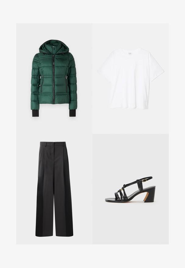 MICHAEL Michael Kors PACKABLE WITH BIB - Žieminė striukė - dark emerald; Balta medvilnės marškinėliai trumpomis rankovėmis, apvalia iškirpte, laisvo kirpimo ir su siūtu kraštu. Etiketė matoma vidinėje iškirptės pusėje.; Juodos plačios kelnės su aukštu liemeniu, su priekinėmis raukšlėmis, glotnia tekstūra ir pritaikytu apdailos stiliumi. Sukurtos laisvam sėdėjimui.; Paul Smith AMIRA - Klasikiniai aukštakulniai - black