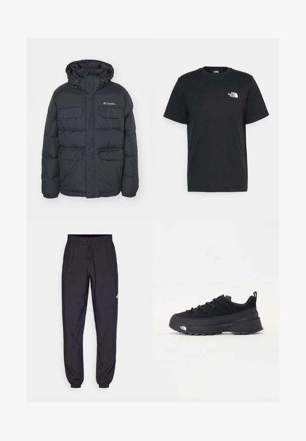 Puffy svart jakke med hette, to brystlommer og glidelåslommer på sidene. Har frontglidelås og elastiske mansjetter.; Svart bomull t-skjorte med korte ermer, rund hals og en liten hvit logo på venstre bryst. Enkel design, glatt tekstur og avslappet passform.; Sorte idrettsbukser laget av lett stoff, med snor i livet, sidelommer og smale mansjetter ved anklene.; Svart utendørs sneakers med overdel i semsket skinn, teksturert gummisåle og solid snøresystem. Har forsterket hæl og merkevarelogo på siden.